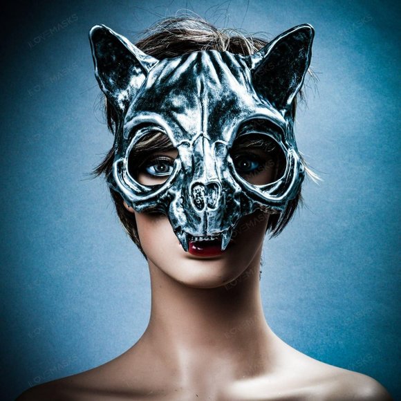 Silver Vampire Skull Cat Halloween Masquerade Robot Cat Costume Party Face Mask - Picture 1 of 7
